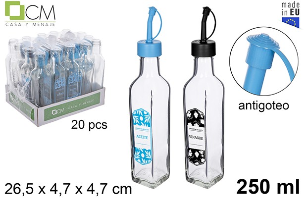 Squared glass cruet decorated blue/black leaves with no-drip stopper 250 ml