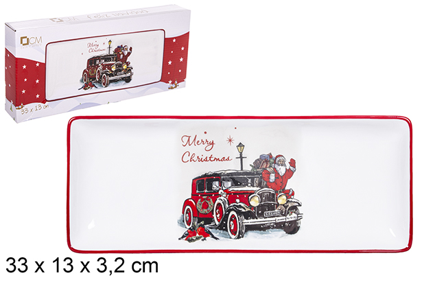 [111049] Bandeja cerâmica retangular decorada Papai Noel 33x13 cm