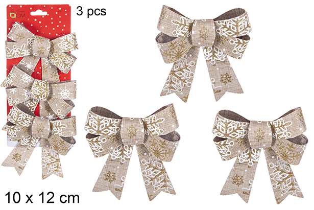 [111095] Pack 3 fiocchi di Natale dorati decorati con fiocchi di neve 10x12 cm 