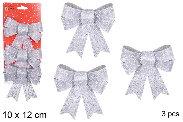 Pack 3 noeuds de Noël argentés à paillettes 10x12 cm