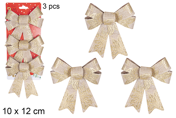 Pack 3 lazos Navidad oro decorado flores 10x12 cm