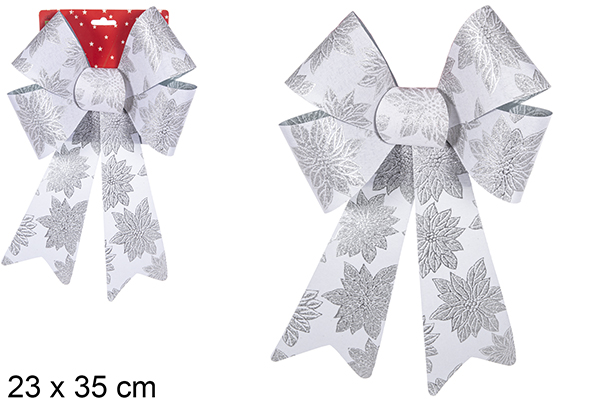 Noeud de Noël argenté décoré de fleurs 23x35 cm