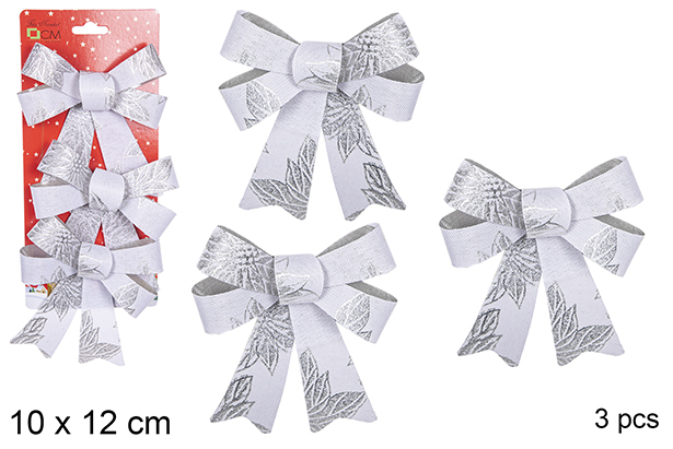 [111130] Pack 3 fiocchi di Natale argento decorati con fiori 10x12 cm 