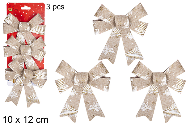 [111140] Pack 3 laços de Natal dourados decorados com árvore 10x12 cm