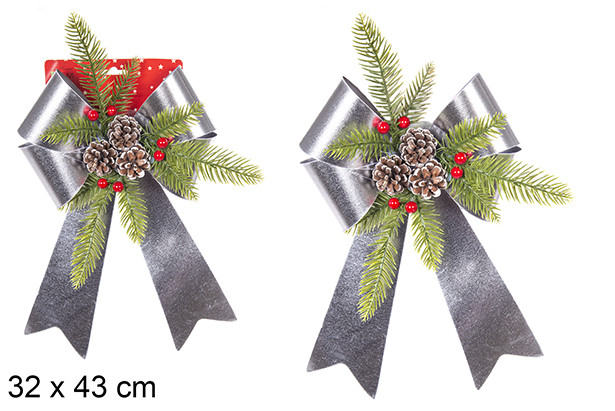 Noeud de Noël argenté pailleté décoré de pommes de pin 32x43 cm