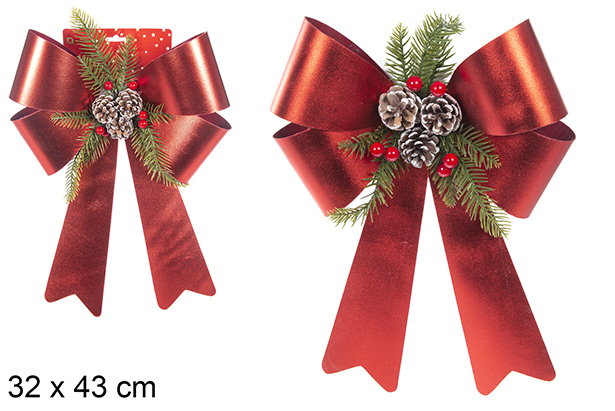 Fiocco natalizio glitter rosso decorato con pigne 32x43 cm