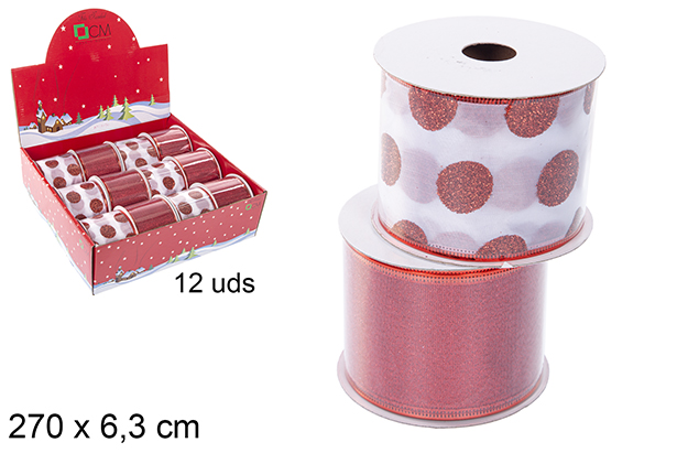 Ruban de Noël décoré rouge/pois rouges assortis 270x6,3 cm