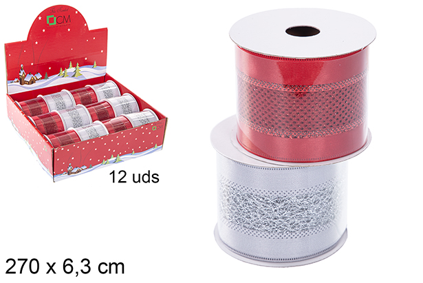 Ruban de Noël décoré argent/rouge assorti 270x6,3 cm