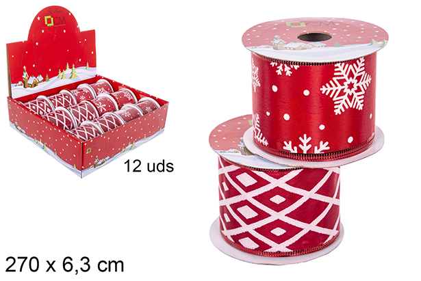 Fita de Natal decorada com flocos de neve/riscas vermelhas sortidas 270x6,3 cm