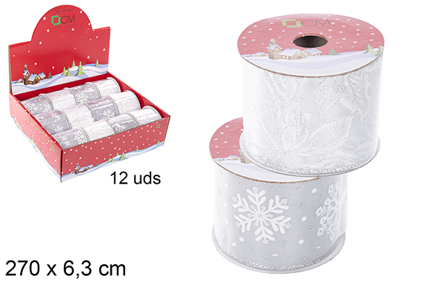Nastro natalizio decorato fiocchi di neve/fiore bianco 270x6,3 cm