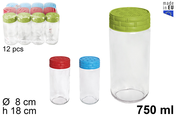 [108031] Pot en verre avec couvercle en rotin couleurs assorties 750 ml