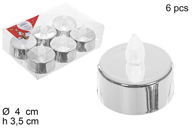 Pack 6 luminous PVC silver candles 4 cm