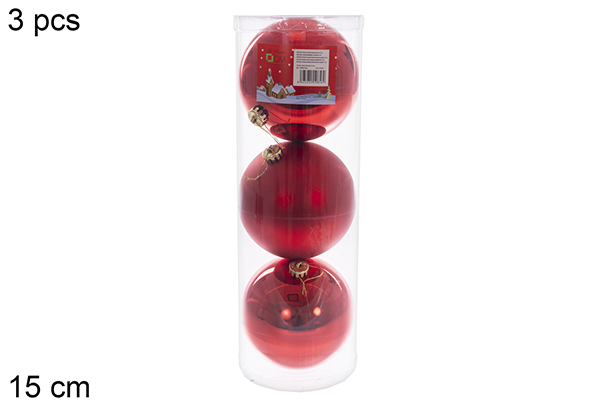 Pack 3 shiny/matte/glitter red bauble 15 cm