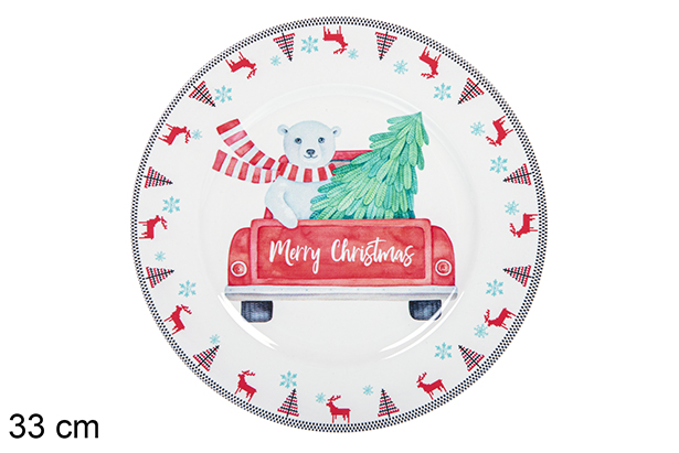 Prato de Natal decorado urso com carro 33 cm  