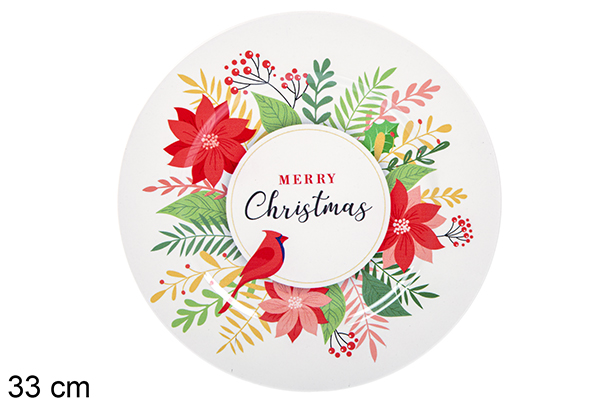 Bajo plato Navidad decorado flores con pájaro 33 cm