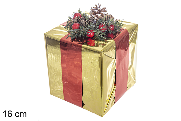 Paquete regalo oro con cinta blanca decorado con piñas 16 cm