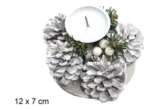 Castiçal de metal decorado com abacaxi e frutas brancas 12x7 cm