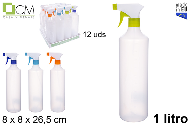 Botella plástico blanca medidora 1l. con pulverizador colores surtidos