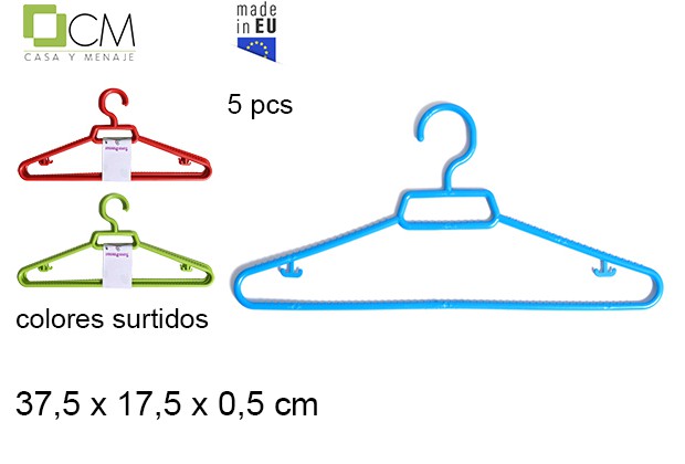 Pack 5 cabides de plástico cores diversas