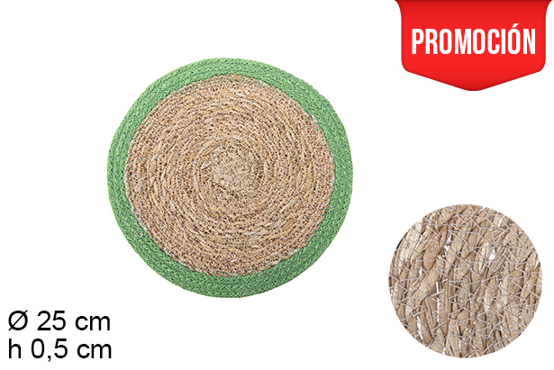 [110372] Round seagrass trivet with green jute edge 25 cm