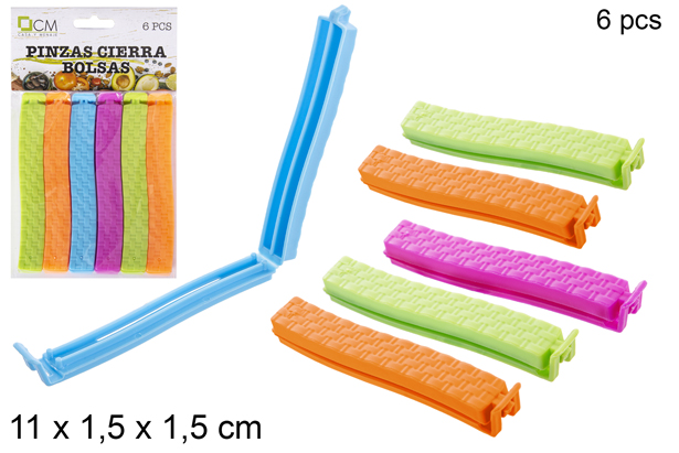 Pack 6 pinzas cierra bolsas colores surtidos 11 cm