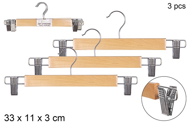 Pack 3 cabides de madeira natural para saia/calça com clipes