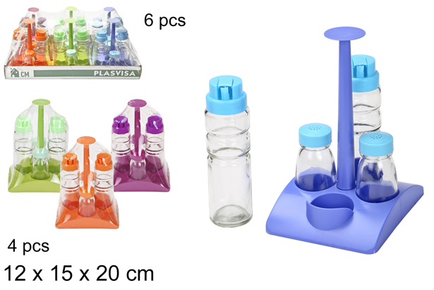 [111495] Pack 4 huiliers avec salières en verre sur base carré couleurs assorties