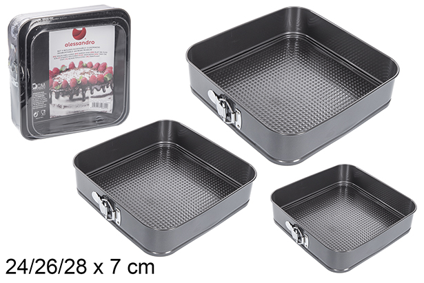 Pack 3 formas quadradas removíveis em aço inox 24/26/28 cm