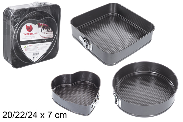 Pack 3 removable heart-shaped stainless molds 20/22/24 cm