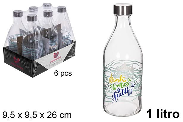 [111543] Bouteille d'eau verre décorée avec couvercle acier pour boire de l'eau 1 litre