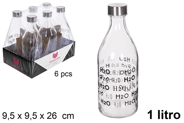 [111545] Botella cristal agua decorada H2O tapa acero 1 litro