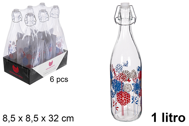 Botella cristal agua decorada campo de flores tapón gaseosa 1 litro