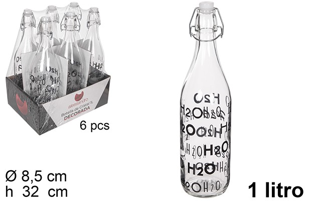 [111538] Botella cristal agua decorada H2O tapón gaseosa 1 litro