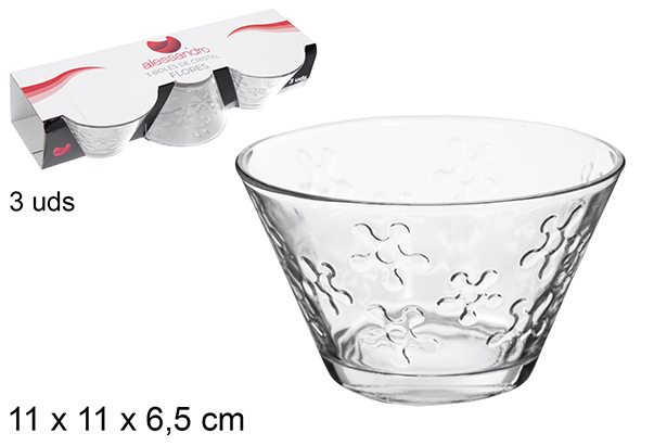 [111666] Pack 3 ciotole in vetro decorate con fiori 11 cm