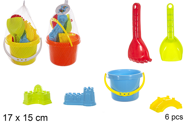 Balde de praia colorido com 6 acessórios