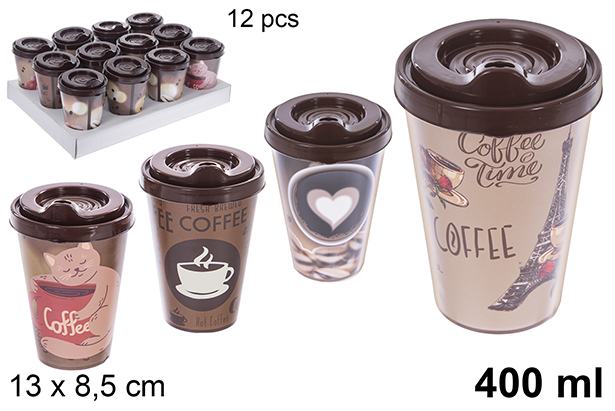 [111950] Bicchiere in plastica con coperchio decorato assortiti 400 ml