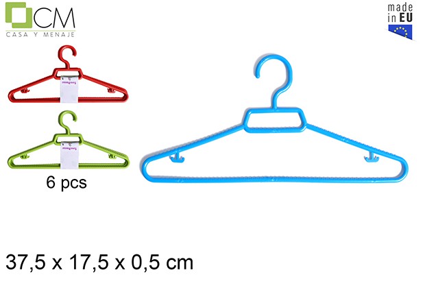 Pack of 6 plastic hangers assorted colors