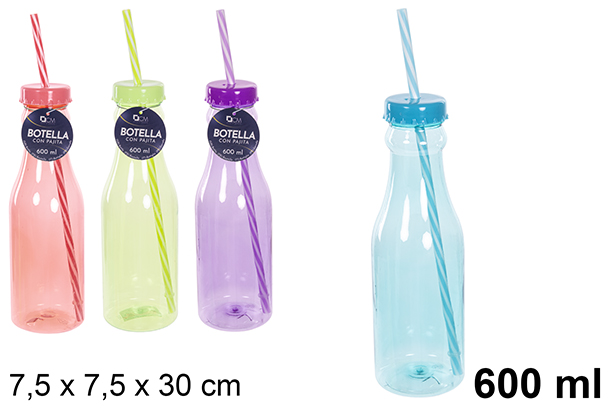 Garrafa com canudo cores sortidas 600 ml