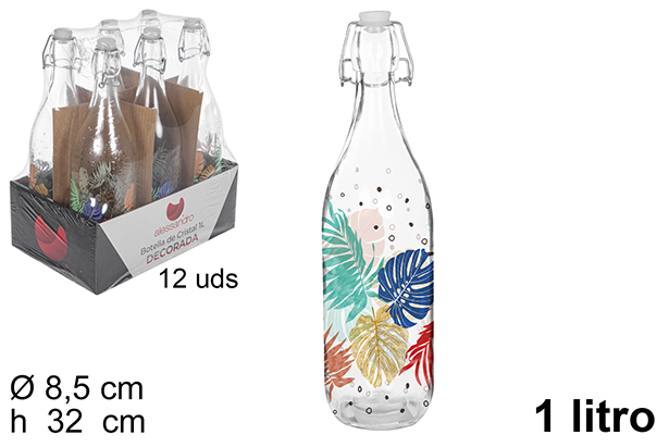 Garrafa de água vidro decorada com rolha mecânica 1 litro