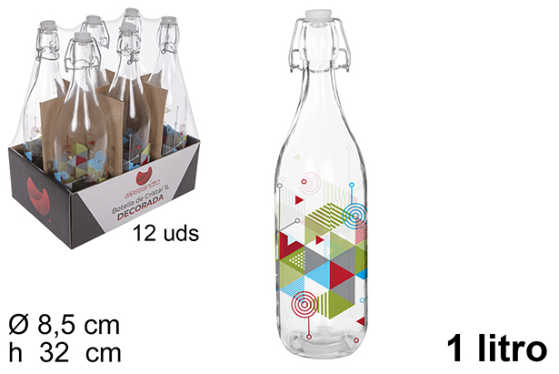 Bottiglia d'acqua vetro decorato con tappo meccannico 1 litri