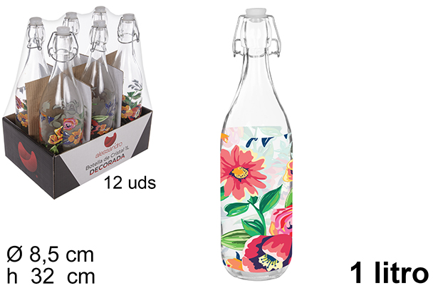 [111537] Botella cristal agua decorada Primavera tapón gaseosa 1 litro