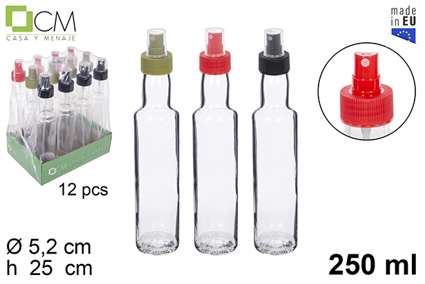 [112207] Bottiglia tonda vetro con spruzzatore colori assortiti 250 ml