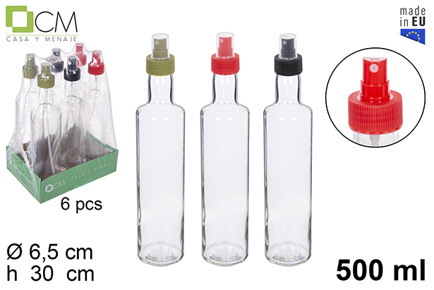 [112209] Round glass bottle with sprayer assorted colors 500 ml
