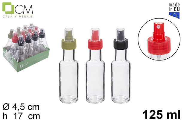 [112206] Round glass bottle with colorful sprayer 125 ml