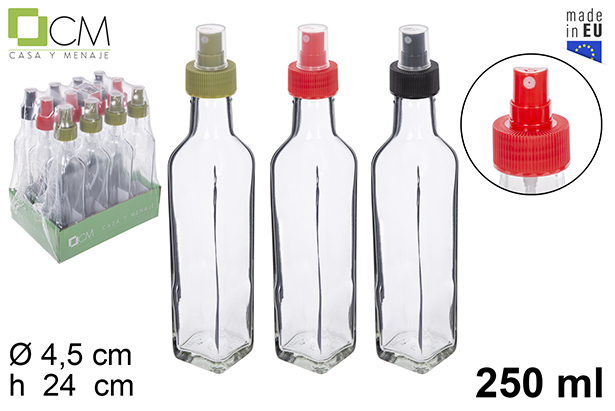 [112208] Flacone quadrato in vetro con spruzzatore colori assortiti 250 ml