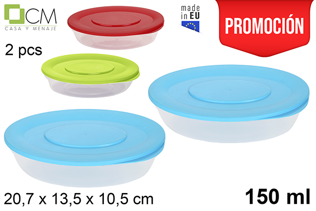 [102879] Pack 2 contenitori per alimenti plastica ovale colori asortiti 150 ml.