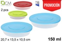 Pack 2 contenitori per alimenti plastica ovale colori asortiti 150 ml.