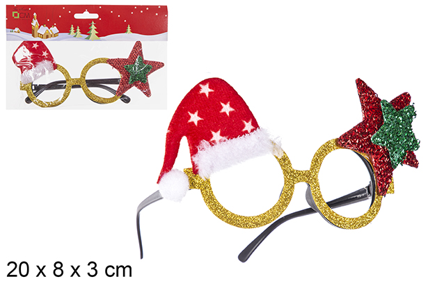 Golden christmas glasses decorated with hat and star