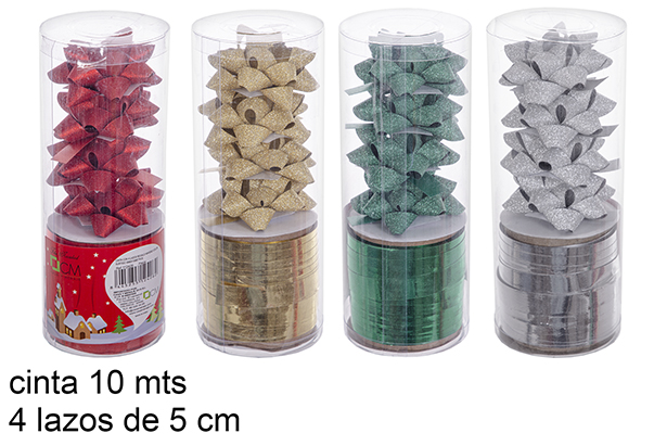 Fita para presente de Natal com 4 laços em cores sortidas 5 cm x 10 m.