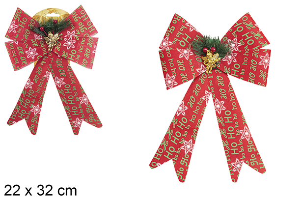 Lazo Navidad rojo decorado nieve con piña y ángel 22x32 cm